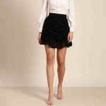 Women Black Ruched Flounce Hem A-Line Skirt