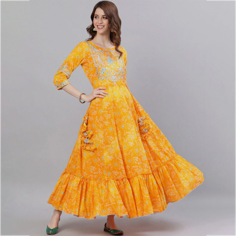 Women Yellow Bandhani Printed Maxi Dress