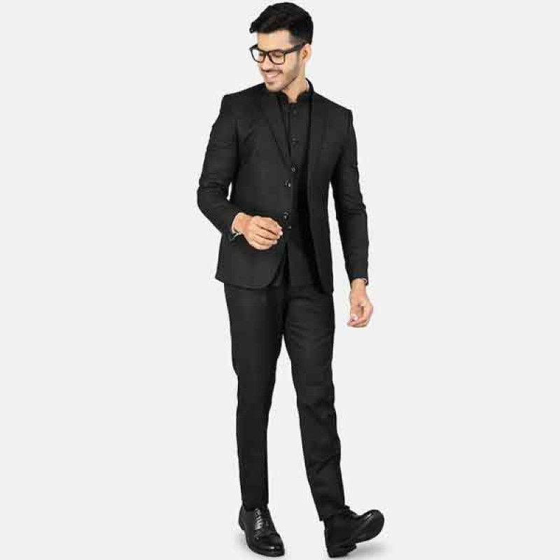 Men Black Solid Single-Breasted Three Piece Suits