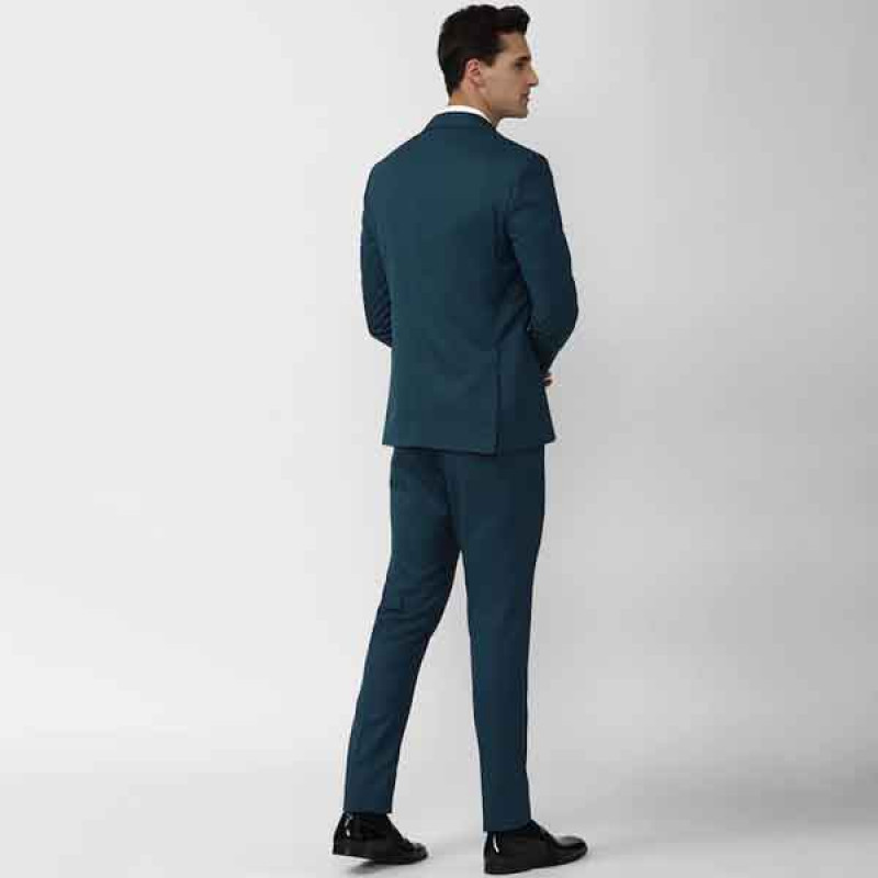 Men Navy Blue Self Design Slim Fit 3 Piece Formal Suits