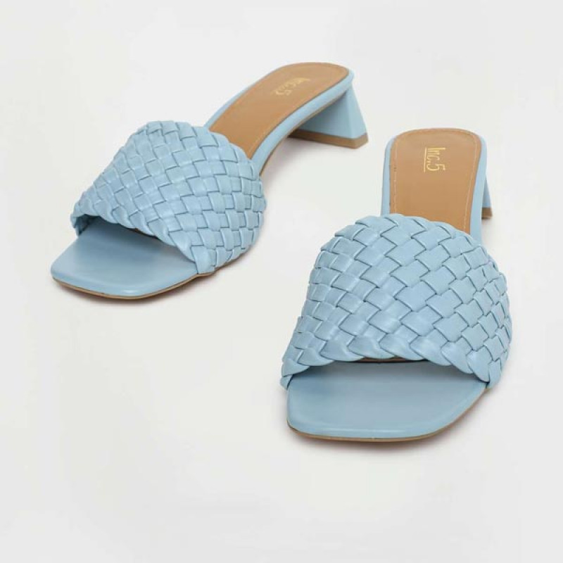 Women Blue Basket Weave Block Heel Sandals