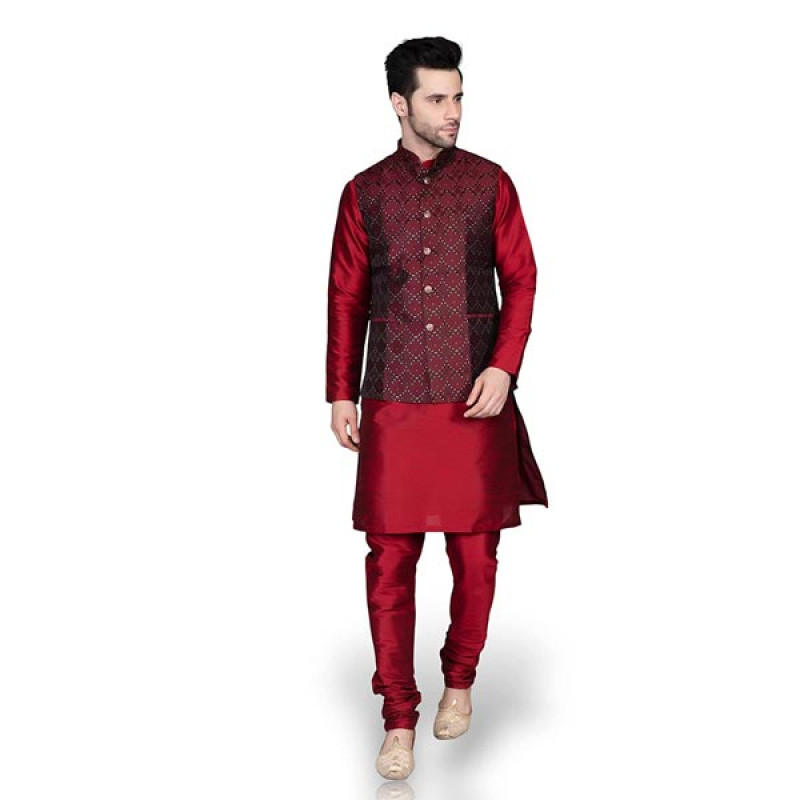 Ethluxis® Men's Silk Blend Kurta Churidar Pyjama with Ethnic Bundi Jacket Set