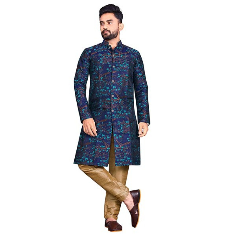 DREAM BLUE Men's Traditional Stitched Heavy Jecquard Kurta Pajama Sherwani Set (Dark Blue)