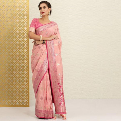 Pink Ethnic Motifs Zari Silk Cotton Banarasi Saree