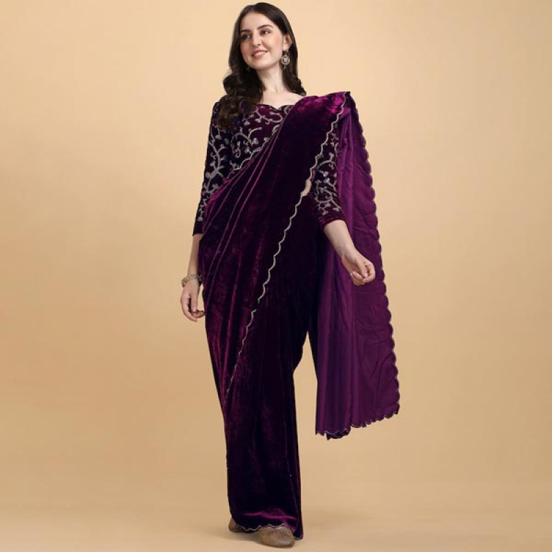 Purple Embellished Aari Work Velvet Saree