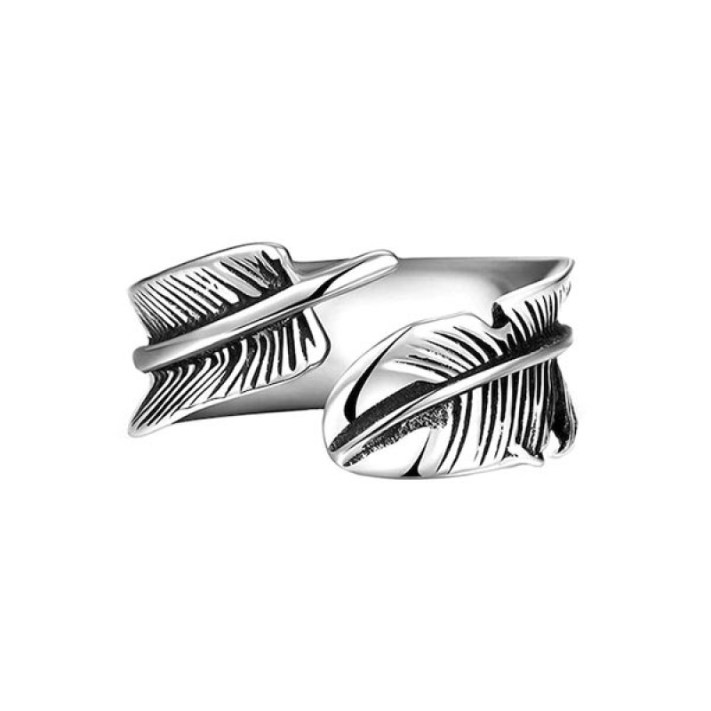 Silver-Toned Stainless Steel Antique Feather Finger Ring