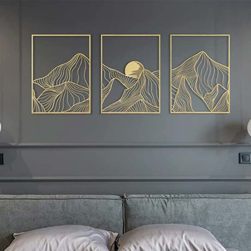 Putuo Decor 3 Pieces Gold Mountain Metal Wall Art, Modern Minimalist Line Wall Decor,