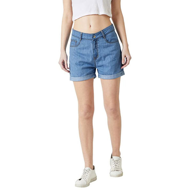 Miss Chase Women's Blue Relaxed Fit Clean Look Regular Length Mid Rise Denim Shorts