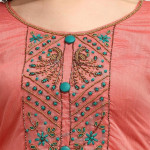 Peach-Coloured & Teal Green Embroidered Unstitched Dress Material
