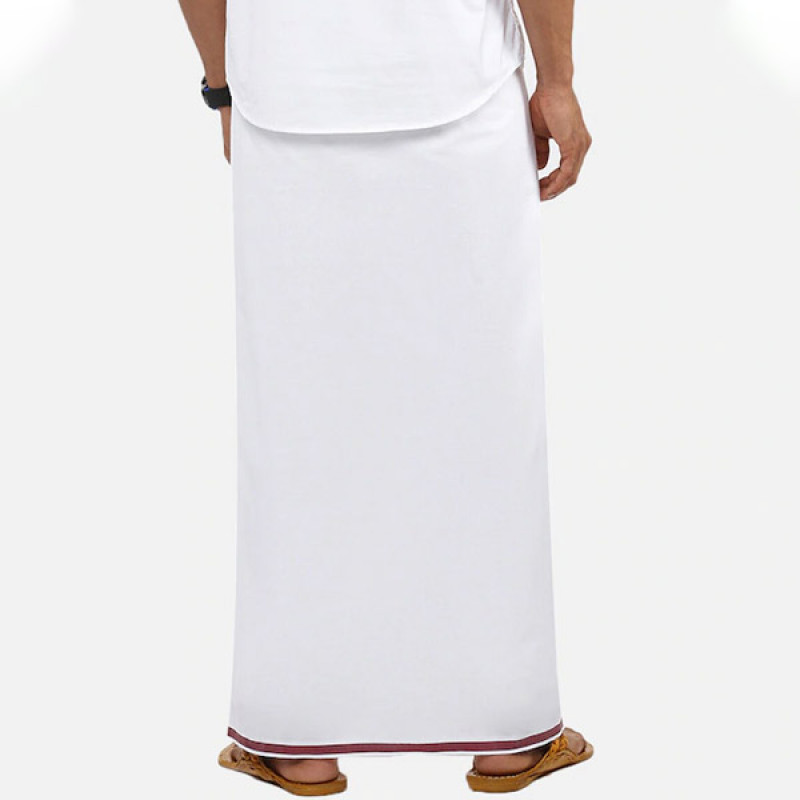 Men Pure Cotton White Dhoti with Maroon border Pack of 2