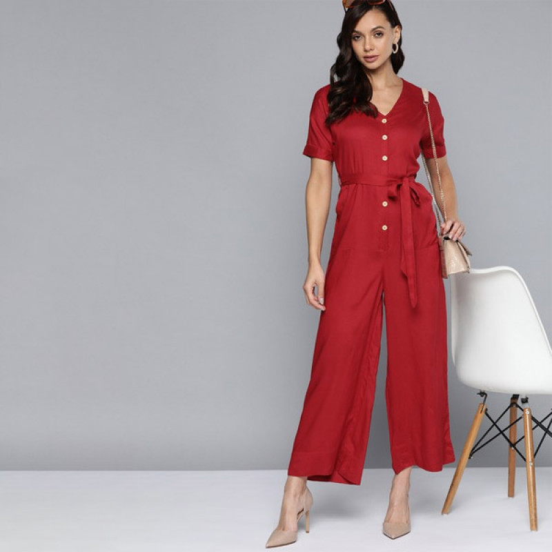 Red Solid Flared Jumpsuit with Belt