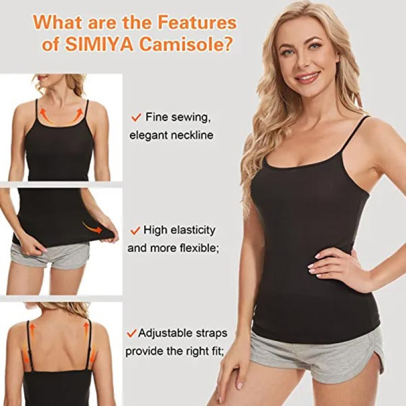 SIMIYA 2 Pack Basic Camisole for Women Adjustable Long Spaghetti Strap Tank Tops Lightweight Cami Undershirts