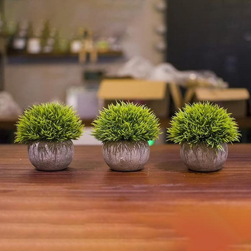 Opps Mini Artificial Plants Plastic Fake Green Grass Topiary Shrubs with Gray Pot for Home Décor