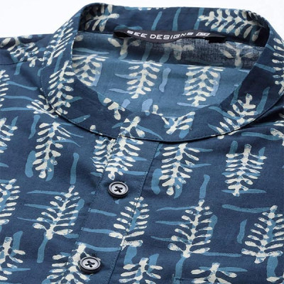 See Designs Mens Blue & Beige Printed Straight Kurta with Pyjama