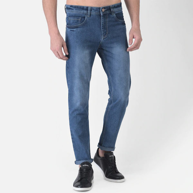 Men Blue Slim Fit Low Distress Heavy Fade Cotton Jeans