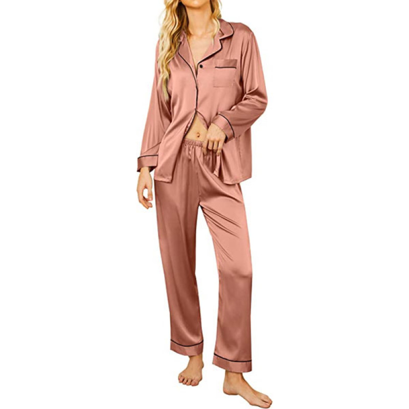 Ekouaer Satin Pajamas Women's Long Sleeve Sleepwear Silk Soft Button Down Loungewear